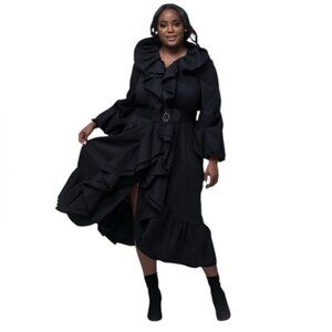 Samuel Dong Coat Dress Ruffle Collar Ruched Sleeves Shimmer Stretch Taffeta 3X